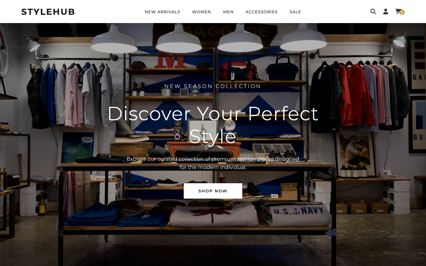 StyleHub UI preview showing storefront product cards and category sections