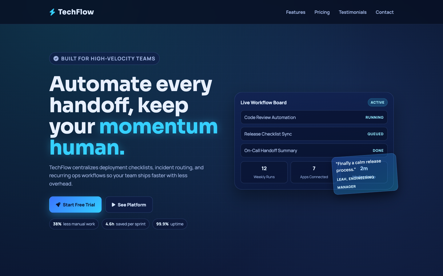TechFlow UI preview showing a software landing page layout